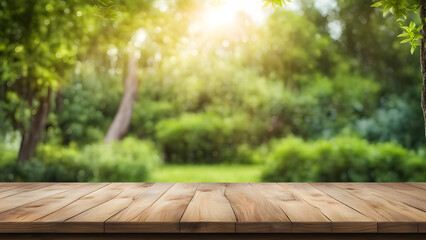 A wooden table with a view of a lush green park
