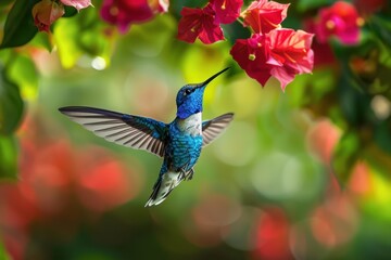 Obraz premium A blue and white hummingbird in flight against a natural green background with red blurred flowers Generative AI