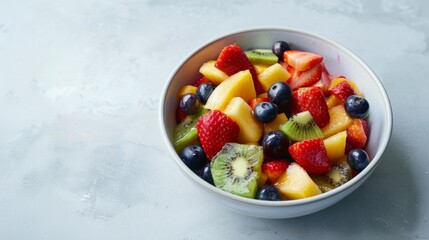 Fresh Fruit Salad With Strawberries, Kiwi, and Blueberries in a White Bowl
