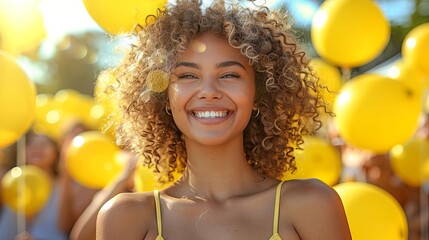 Smiling woman with curly hair holding yellow balloons in sunlight, happiness concept