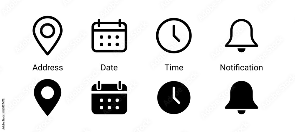 Aufkleber Address location icon. Notification bell icon. Stopwatch timer icon. Date Calendar icon - Web icons set