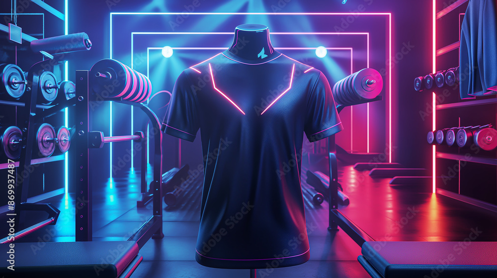 Wall mural Advertisiment shot, black techno style sports t-shirt as no brand mockup on a mannequin in the gym, drumbells with blue red colors on background. High quality photo