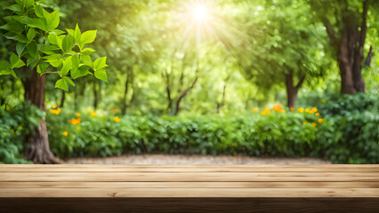 A wooden table with a view of a lush green forest