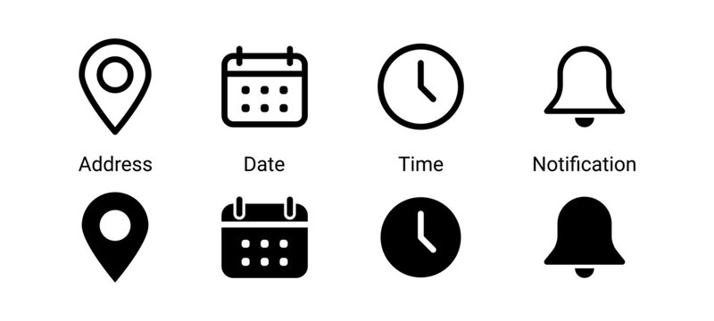 Address location icon. Notification bell icon. Stopwatch timer icon. Date Calendar icon - Web icons set