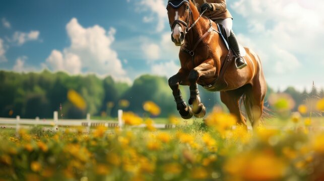 A horse and rider gracefully jump over a hurdle in a sunny meadow with yellow flowers and a blue sky in the background.