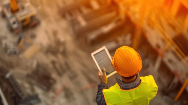 A construction worker in a yellow safety vest and helmet uses a tablet on a building site, captured from above during sunset.