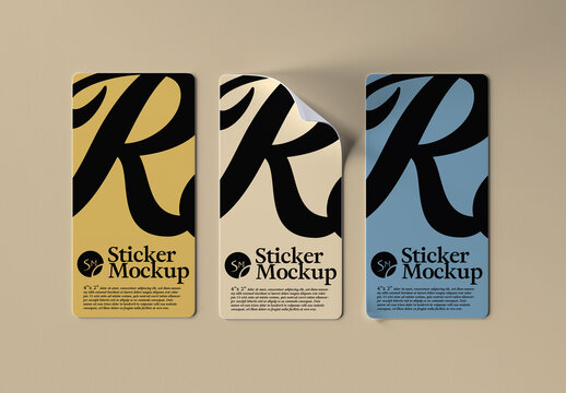 4x2 inches Paper Stickers Mockup Set with Rounded Corners