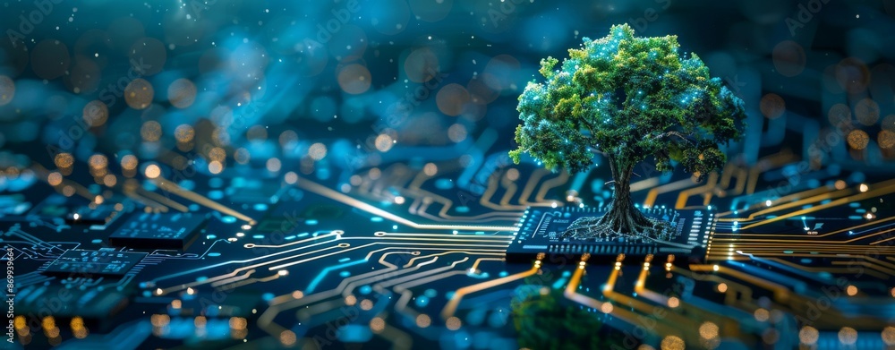 Poster digital tree growing on top of a circuit board, symbolizing technology and nature integration