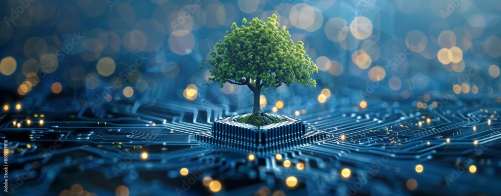 Poster digital tree growing on a microchip depicting technology and nature integration