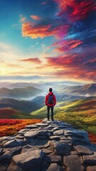 Fototapeta premium One man contemplating amazing landscape view with mountains and colorful cloudscape