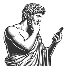 Naklejka premium classical statue with smartphone, ancient and modern elements in a unique design sketch engraving generative ai fictional character vector illustration. Scratch board imitation. Black and white image.