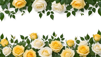 Yellow and white roses with green leaves background with copy space 