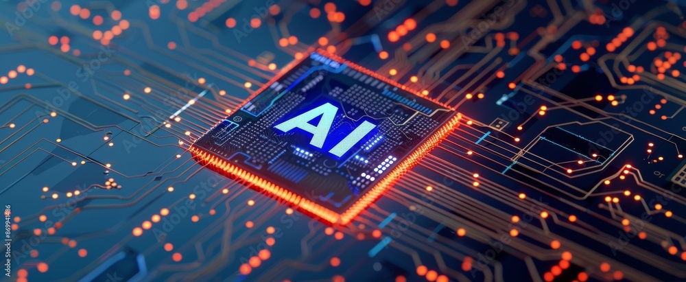 Poster ai chip on a circuit board with glowing lines