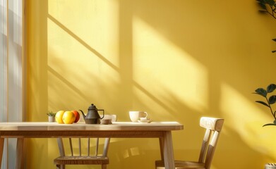 Cozy dining area with wooden table and chairs against a bright yellow wall