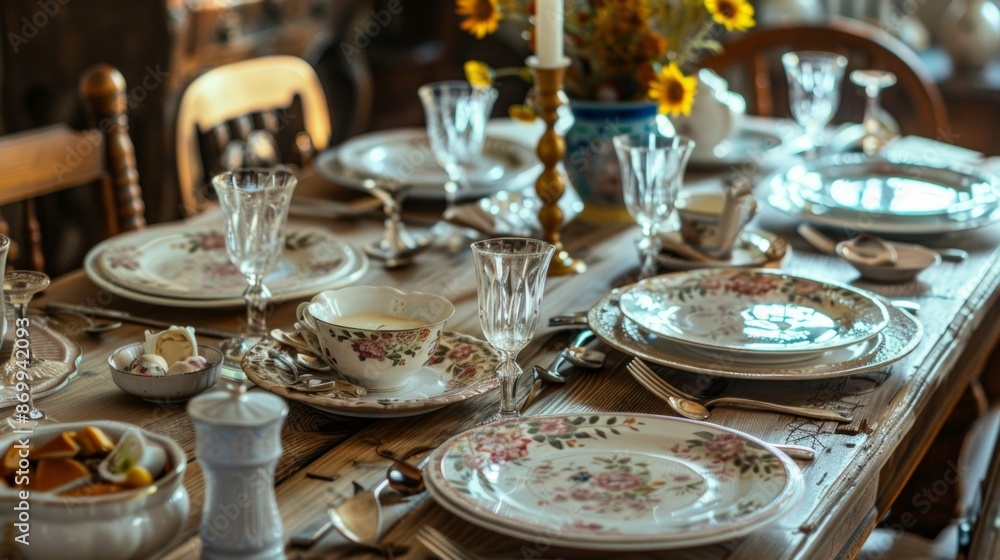 Poster the table set with mismatched vintage dishes and silverware adding a charming and quaint touch to th
