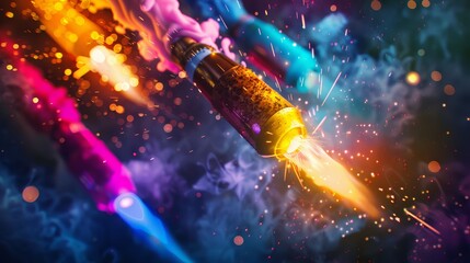 A close-up of colorful rockets launching into the air with trails of sparks