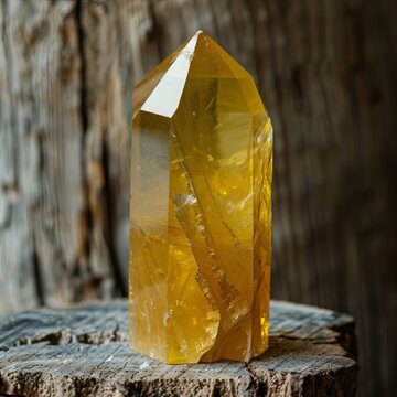 A yellow crystal tower with cracks is on a piece of wood.