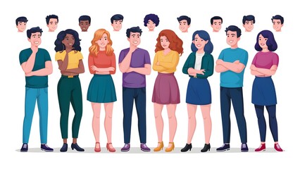 Fototapeta premium People avatars set. Young men and women with thinking face expressions. Modern line character heads, happy smiling thoughtful girls and guys. Flat vector illustrations isolated on white background
