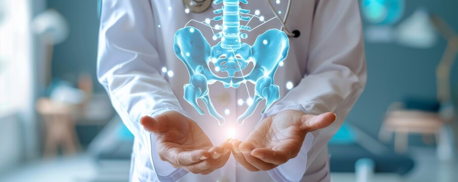 Doctor in white coat holding a holographic pelvis and spine in medical office