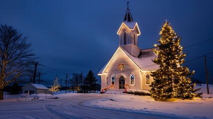 traditional American church, decorated for Christmas