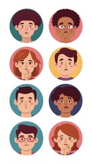 People avatars set. Young men and women with thinking face expressions. Modern line character heads, happy smiling thoughtful girls and guys. Flat vector illustrations isolated on white background