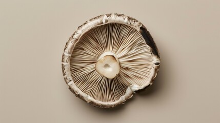 Close Up of a Single Fresh White Mushroom on a Beige Background