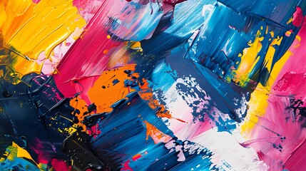 Vibrant hues explode onto the canvas as bold paint strokes collide and converge, forming an abstract composition that is both chaotic and harmonious.