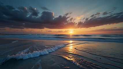 Dramatic sunset over the ocean with clouds and waves crashing on the sandy beach.  Golden hour, nature, landscape photography.