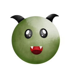 Cute Green ball ghost with fangs and red mouth, Halloween Watercolor ,illustration