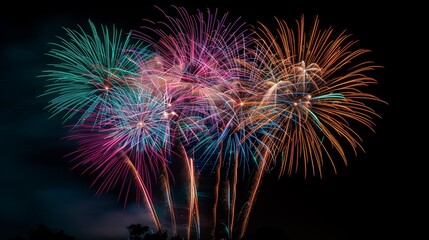 A dazzling display of fireworks bursting in vibrant colors against a dark night sky