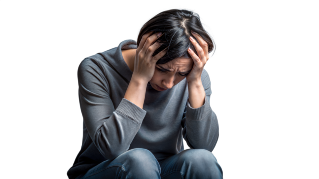 Person feeling depressed with head in hands isolated on transparent background