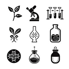 Set in flat illustration style on the theme of biology: plant, microscope, flask with liquid, microbe, icon, black and white.