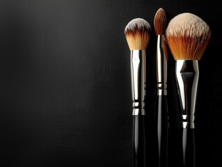 Three makeup brushes with metallic handles against a black textured background