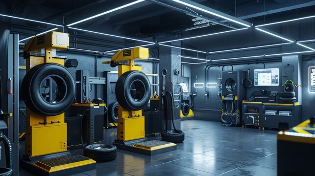An image showcasing a modern tire shop with automated equipment for changing and balancing tires. The shop is brightly lit with fluorescent lights and features yellow and black color schemes.