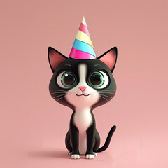 Cute Cartoon Birthday Kitty with Bog Eyes on a Pink Background with Space for Copy