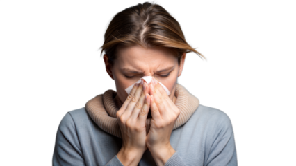 Person sneezing or rubbing their nose representing allergies on a transparent background