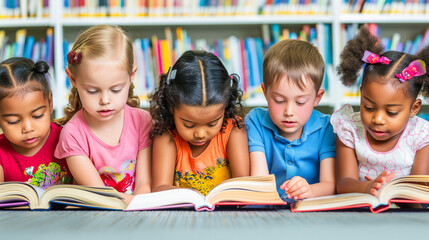 Multicultural group of five children, boys and girls, sit closely together and reading books in a colorful library.