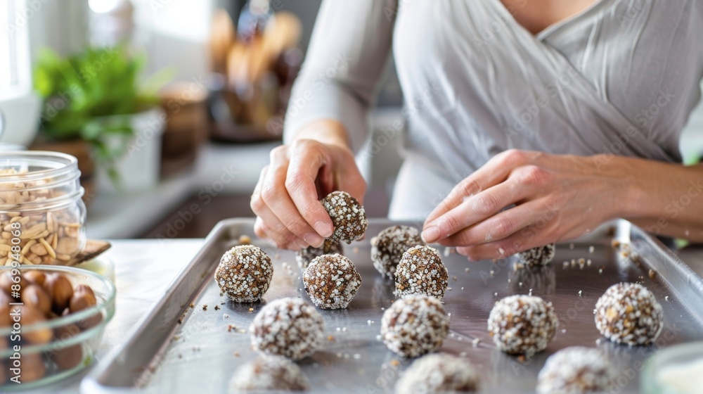 Poster a woman prepping a batch of energy balls made with buckwheat dates and nut butter highlighting its p