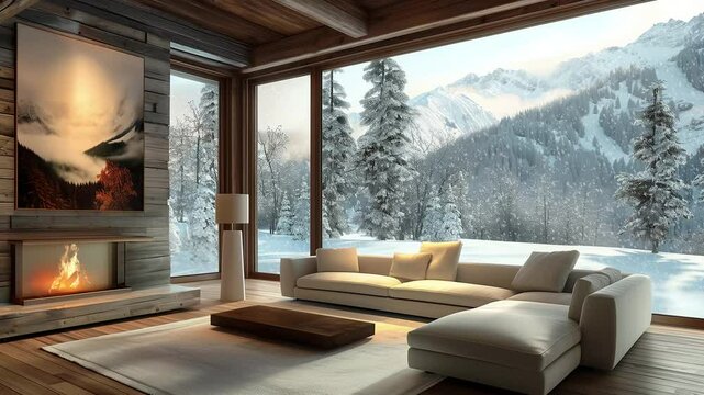 modern living room with fireplace and beautiful snowy forest view