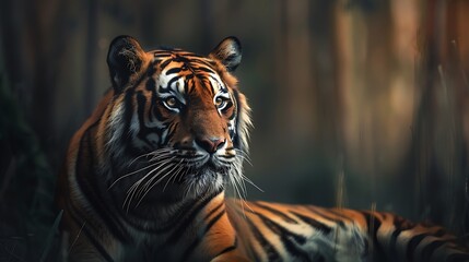 Portrait of a tiger in its natural habitat, precise fur details and blurred background