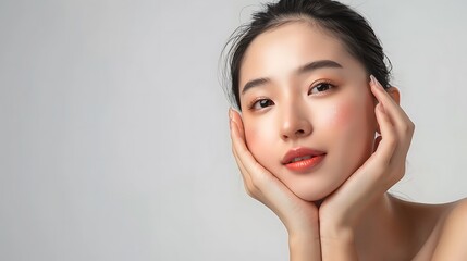 Portrait young Asian beautiful woman with K-beauty make up style and healthy and perfect skin isolated on white background for skincare commercial product advertising