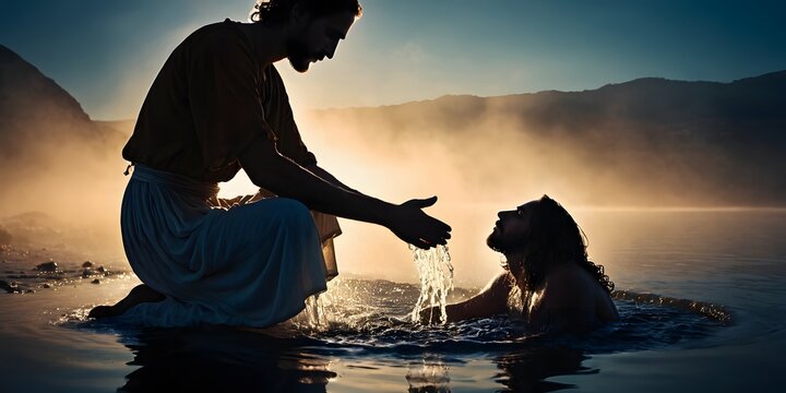 John the Baptist baptize Jesus Christ in the Jordan River in Israel, bible story, Silhouette biblical illustration.