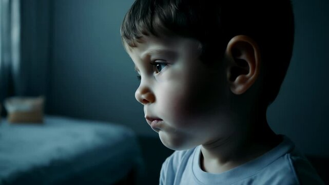 Close-up portrait of sad young boy in dark room, child depression, Maltreatment concept