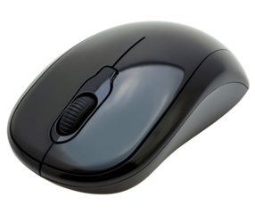 Closeup of black wireless computer cursor mouse pointer technology device object isolated on transparent background. Electronic equipment with scroll and click buttons