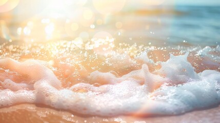 Fototapeta premium A close-up capturing white sea foam waves with bright bokeh lights, emphasizing the refreshing and vigorous energy of the ocean’s movement.
