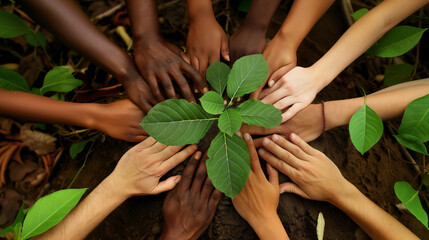 Top view of diverse multiethnic multiracial hands of different people gathered together around the plant. Different skin colors, community teamwork for environment, ecology sustainability, diversity
