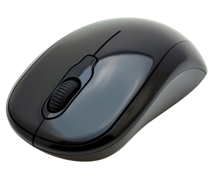Closeup of black wireless computer cursor mouse pointer technology device object isolated on transparent background. Electronic equipment with scroll and click buttons