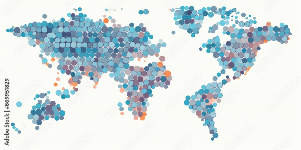 Poster abstract vibrant world map composed of multicolored circles on a light background. global diversity 