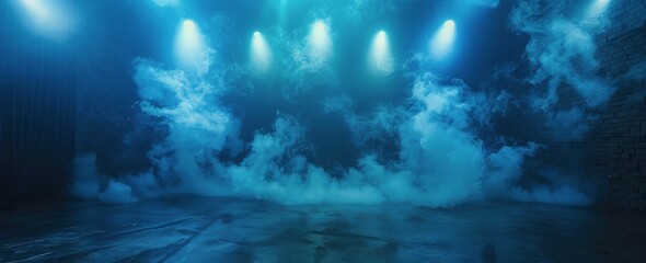 Three Spotlights Illuminate Blue Smoke Clouds On A Dark Stage