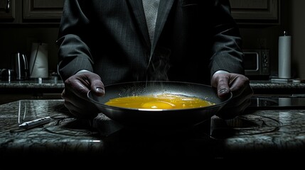 sophisticated man in a suit skillfully cooks eggs in a sizzling frying pan, showcasing his culinary prowess and attention to detail.